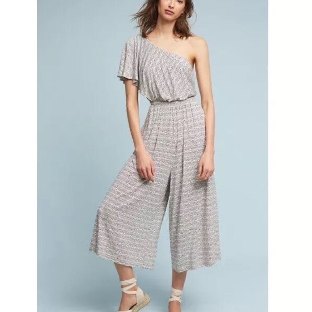Anthropologie Maeve White & Black JAMIE One Shoulder Wide Leg Jumpsuit | MP